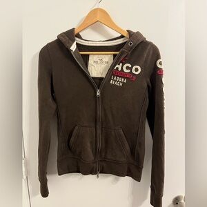 Hollister Y2K Women’s Logo Hoodie Sweatshirt Dark Brown Full Zip Cotton Small